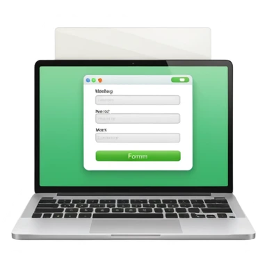 A emoji-style illustration of a laptop front facing with its screen showing onboarding form. On the screen, display a small white form card with a few simplified input fields. Add a bright green 'Next' button at the bottom of the card. sticker