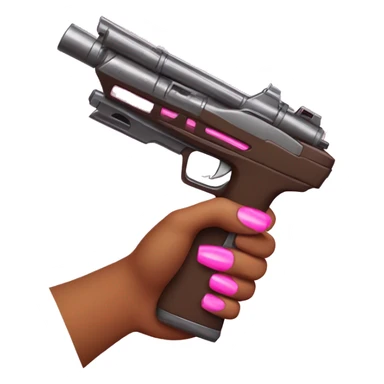 brown hand with pink nails holding large scary dark nerf gun sticker