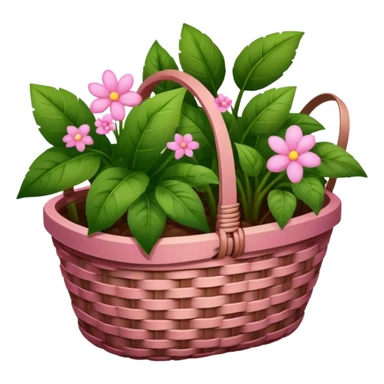 A brown basket of plants with some pink aesthetic motives on the basket in an ios 18 emoji  sticker