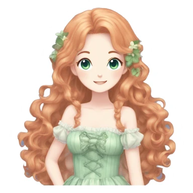 gorgeous pretty attractive anime lady beautiful hair with gorgeous dress fairycore cottagecore pastelcore detailed high quality trending VOGUE aesthetic full body ginger hair blue green eyes sticker
