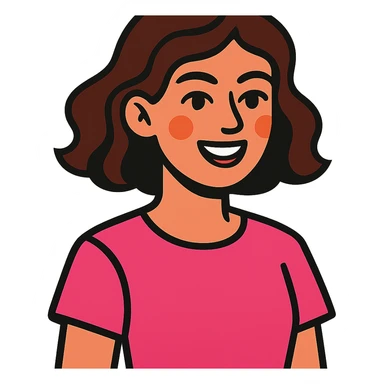 young brunette woman with short wavy hair to shoulders, wearing a pink t-shirt sticker