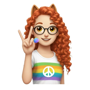 a white girl with long red curly hair in a pony tail with rainbow shirt does peace sign wearing cat ears one black other white sticker