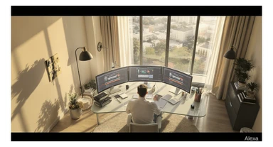 Cinematic shot of a creative director work on tripple display setup PC, top dutch angle, Warm bright vibe, modern clean expensive huge room minimalistic apartament, model is dress like designer, morning, big window, advertising vibe, captured on arri alexa sticker