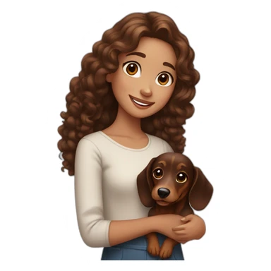 Girl long curly brown hair smiling and brown eyes with long eyelashes and holding a dachshund  in her arms sticker