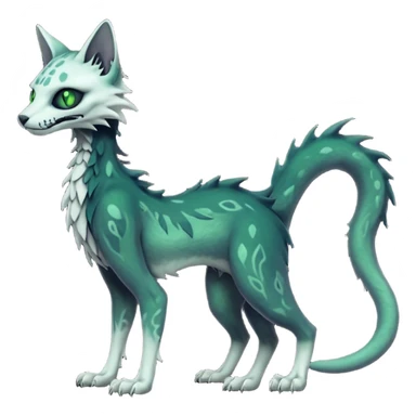 Macabre spectral spooky dark bleak blackish swampy white-skeletal gloomy ghostly dark greyish dark-deep-greenish foggy eldritch beautiful realistic edgy fantasy ghoul-like stitched feline-vernid-sergal-fursona animal creature with a tufted tail full body with intricate markings  sticker