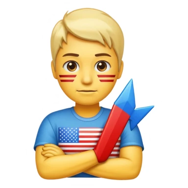 Freezing face emoji, American flag emoji, person with arms crossed emoji, glossy right-pointing arrow, all arranged in a single horizontal line, highly polished game UI style. sticker