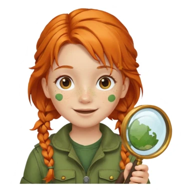 braid orange haired girl kid in moss green explorer outfit, holding magnifying glass, smile sticker