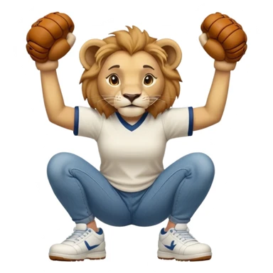 friendly anthropomorphised female lion wearing a baseball shirt, jeans, and trainers, in a squat position, lifting something up sticker