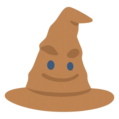 Hogwarts hat with expressive eyes and smiling mouth, in Color Filled style with sharp shadows and highlights, transparent background. sticker