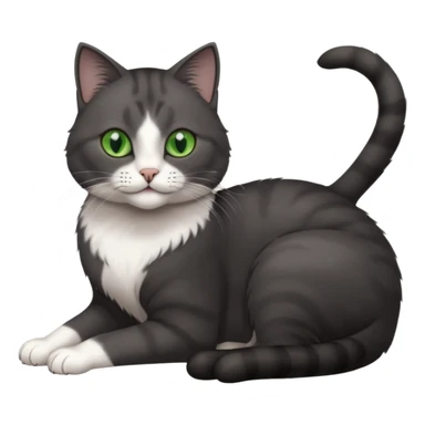 beautiful female solid dark grey cat with green eyes, white toes/paws and white patch on her chest rolling over sticker