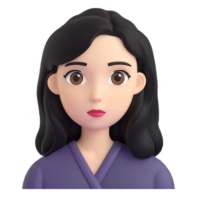 white woman with rounded brown eyes, long black hair, black blouse, neutral expression sticker