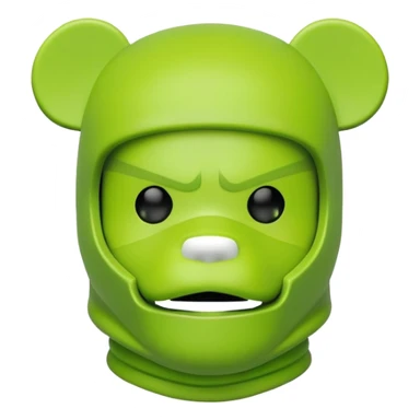 bearbrick toy wearing a lime green balaclava with angry aggressive thick eyebrows showing above the mask sticker