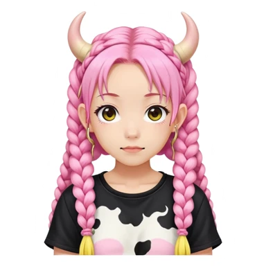 En anime-jente med to rosa lange tykke fletter, ku-horn og ku-ører, sort BH-topp over en gul cropped-fleece-blouse sticker