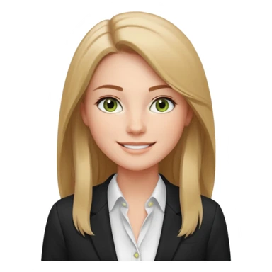 confident CEO named Freya McOmish, smiling, hazel green eyes, straight long hair parted in the middle, subtle freckles, modern business style, broad shoulders, wearing black sticker
