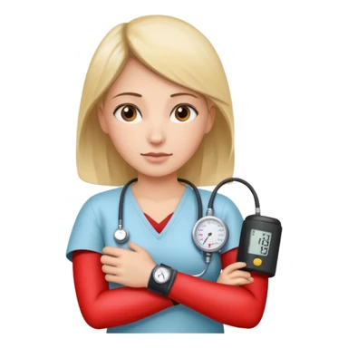 blood pressure cuff wrapped around upper arm with dial reading female patirent sticker