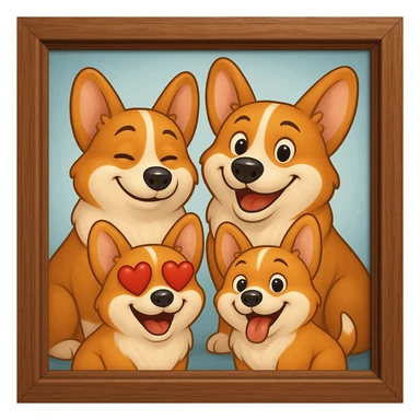 Make the lines and style of the corgi family photo match the 3D emoji look and line quality of the reference image, with smooth, soft shading and a playful, expressive feel. Keep the family photo in a classic wooden frame. The style should resemble the 3D emoji style with smooth and soft shading, playful and expressive. sticker