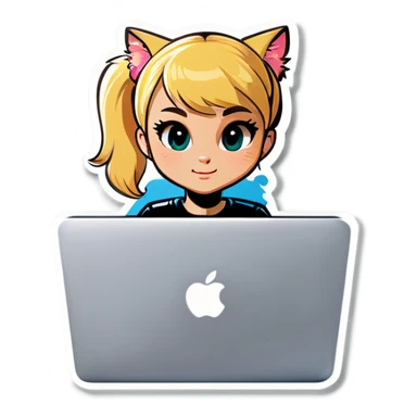 Blonde girl ponytail macBook and a cat sticker