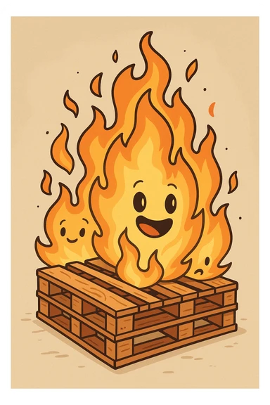 cartoon style pallet bonfire, whimsical flames, visible wooden slats, bright and friendly sticker