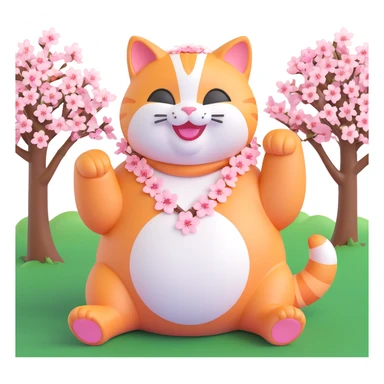 Recreate a chubby orange tabby cat with white face and belly, surrounded by pink cherry blossoms, with a cherry blossom on its head. The cat is smiling and looking content. The style is soft, rounded, glossy 3D iOS emoji style. No text or background, just the cat and flowers. sticker