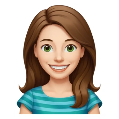 40 yr Caucasian woman, long brown hair parted on side, white stripe in hair, blue green dress ,big smile, white teeth, dimples sticker