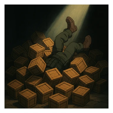 A pile of small oblong crates hidden in a dark area with a beam of light shining from above, with someone’s boots sticking out like they dove in, tactical gear clothing  sticker