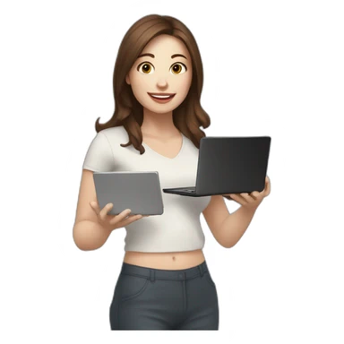 woman with brown hair and pale skin juggling with coffee cups and mini laptops sticker