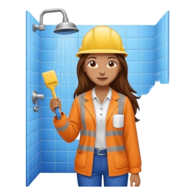beautiful girl with long brown hair constructing new bathroom area with new shower and amenities  sticker