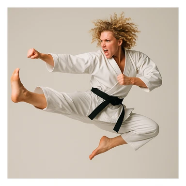 karateka woman with curly blonde hair, airborne kick, athletic stance, plain background sticker