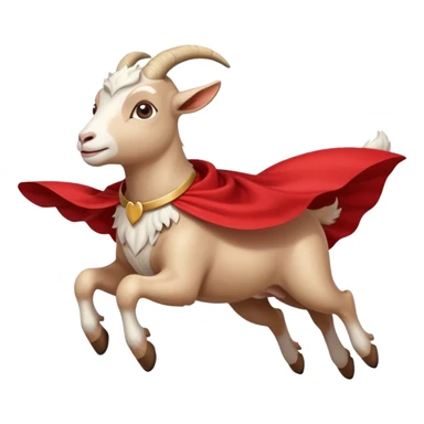 side view of white female goat wearing a read cape like superman sticker