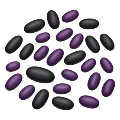 black beans, scatter or mound, shiny oval, smooth, deep black to dark purple, slightly curved, natural sheen, subtle texture, no plate, dish, packaging, or faces, clean 3D, soft shadows, transparent background, emoji scale sticker