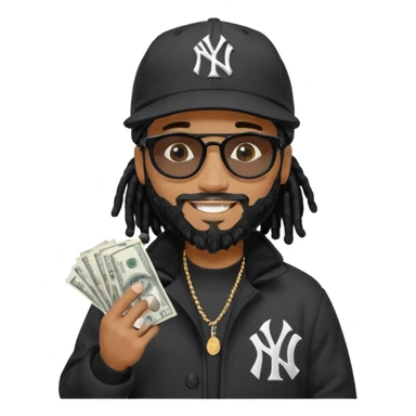 African American man with shoulder length black dreadlocks with black beard wearing black sunglasses wearing a black New York Yankees logo baseball Cap wearing a black bubble winter coat spreading money sticker