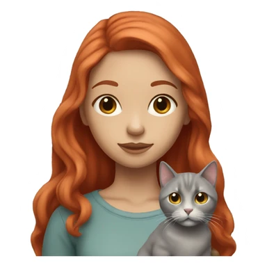 A long hair red headed girl with light skin, holding an all grey cat  sticker
