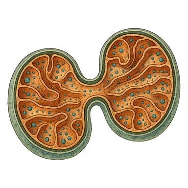 biogenesi mitocondriale, step 4: divisione finale e maturazione di due mitocondri completi, hyperrealistic detailed colored drawing on white textured paper, isolated on white background, visible molecular details sticker