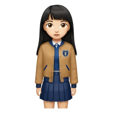 hair : black long hair with fringe 
skin : light 
cloth : brown varsity jacket + navy long long school girl skirt 


 sticker