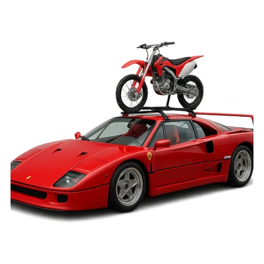 A realistic Ferrari F40 with a 125cc dirt bike on a visible roof rack, dirt bike to proper scale, transparent background sticker