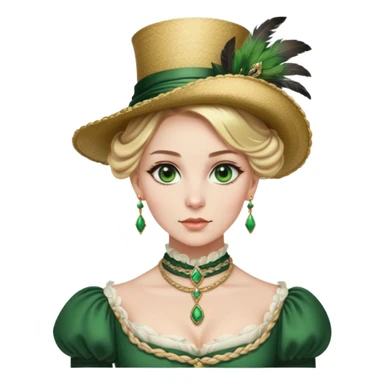 lady with Pale complexion, sharp features, high cheekbones, Blonde hair, usually styled in regancy braided updo, green eyes accessorized with a feathered hat, royal sticker