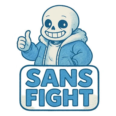 logo for 'Sans Fight' inspired by Undertale, ghibli style, bold blue and white colors sticker