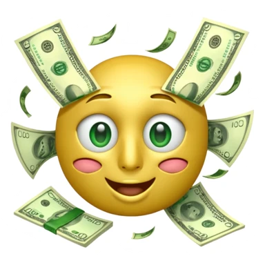 3D glossy money emoji, dollar-sign eyes, cash flying out of mouth, seamless loop, centered, transparent background sticker