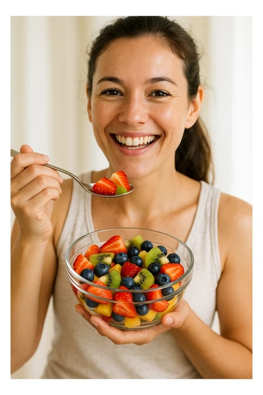 A cheerful person holding a glass bowl of colorful fruit salad with vibrant pieces of strawberries, kiwis, and blueberries visible. The person is wearing a casual, light-colored tank top and has a friendly, bright smile as they prepare to take a bite with a spoon. The overall composition focuses on health and enjoyment. sticker