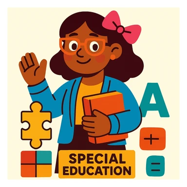 special education teacher with a pink bow in her hair, colorful cartoon style, kind smile, light background sticker