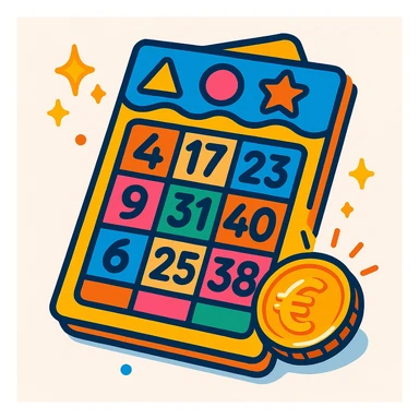 cartoon-style colorful lottery ticket with European vibe, playful number boxes, shiny euro coin, sparkles, no text or logos, white background sticker