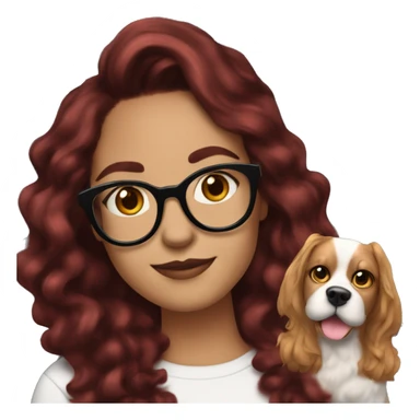 a girl with light skin , wear cat eye glasses , wavy mid length hair , dark red hair with the snapchat dog filter sticker