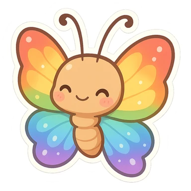 chibi sticker-style rainbow butterfly, cute and exaggerated sticker