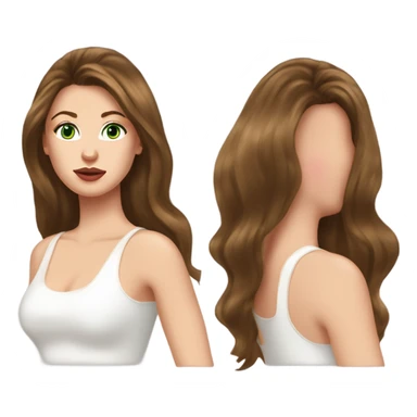 Gorgeous woman, with chestnut brown hair, her hair are a 90s voluminous very long blowout with curtain bangs, she has very green eyes and a white pale skin, she has pink lipstick on and long lashes, she wears a white tank top and  gold earrings sticker