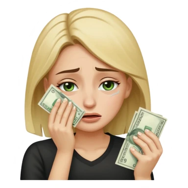 Crying Woman with tears on her face wiping her eyes with cash  sticker