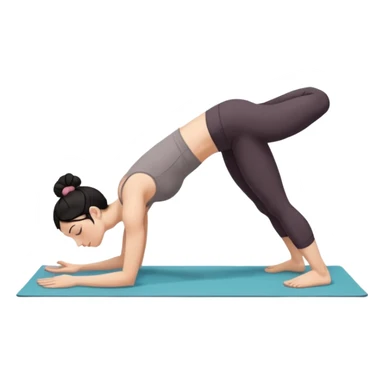 white girl with black long hair in a messy bun doing yoga position - downward facing dog sticker