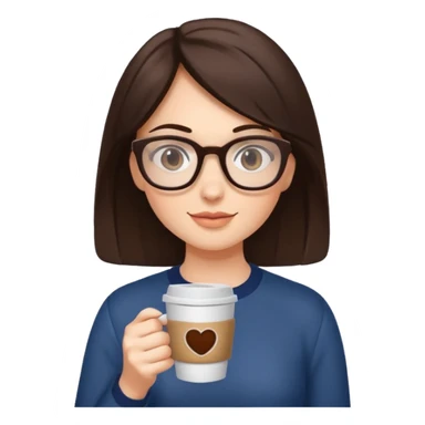 A brunette with glasses holding a coffee  sticker