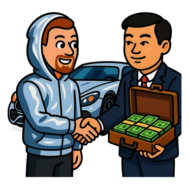 A white man with a goatee, natural skin, wearing a chrome hoodie, shaking hands with a Chinese man with natural skin, giving him a briefcase of green dollar bills. AMG car in the background. Vibrant cartoon style. sticker