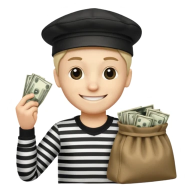robber with 4 lines of black and white striped shirt and he has a money bag in his hand and a robber hat and he is smiling and he is whiteno money in his hand no money out of bag the bag is to the left  sticker