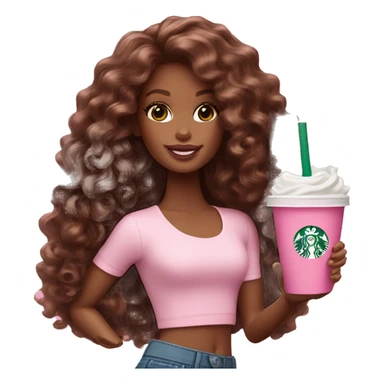 Barbie girl with brown long curly hair holding Pink starbucks refresher sticker